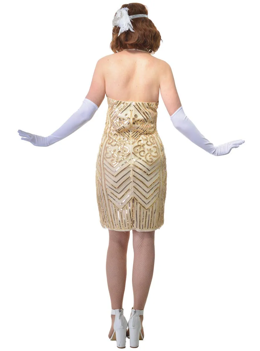 1920s Gatsby Cream and Gold Sequinned Womens Flapper Dress Costume