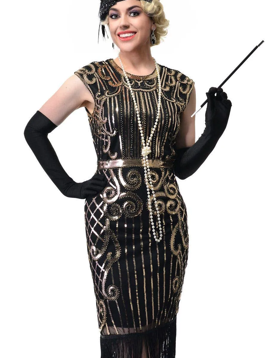 1920s Womens Plus Size Gold and Black Flapper Dress