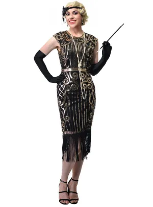 1920s Womens Plus Size Gold and Black Flapper Dress