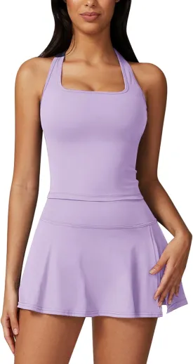 ABOCIW 2 Piece Tennis Dresses for Women Side Slit Mini Skirt Set Racerback Workout Crop Tank Top Golf Outfits
