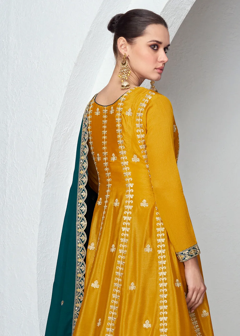 Amazing Mustard & Teal Chinnon Silk Wedding Festive Palazzo Suit