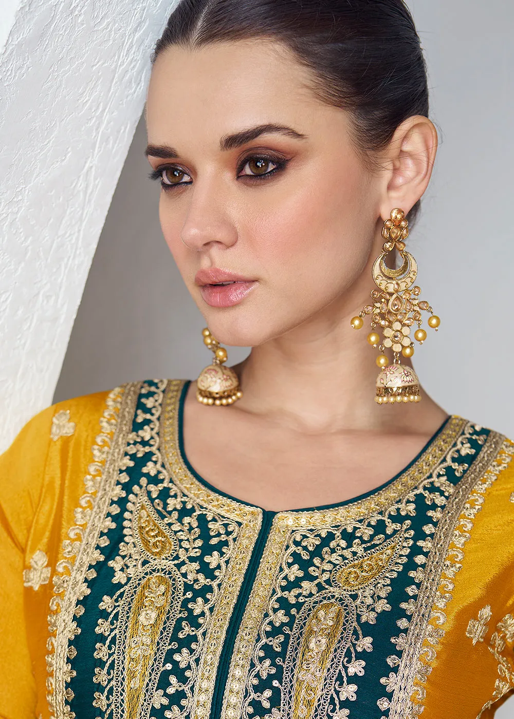 Amazing Mustard & Teal Chinnon Silk Wedding Festive Palazzo Suit