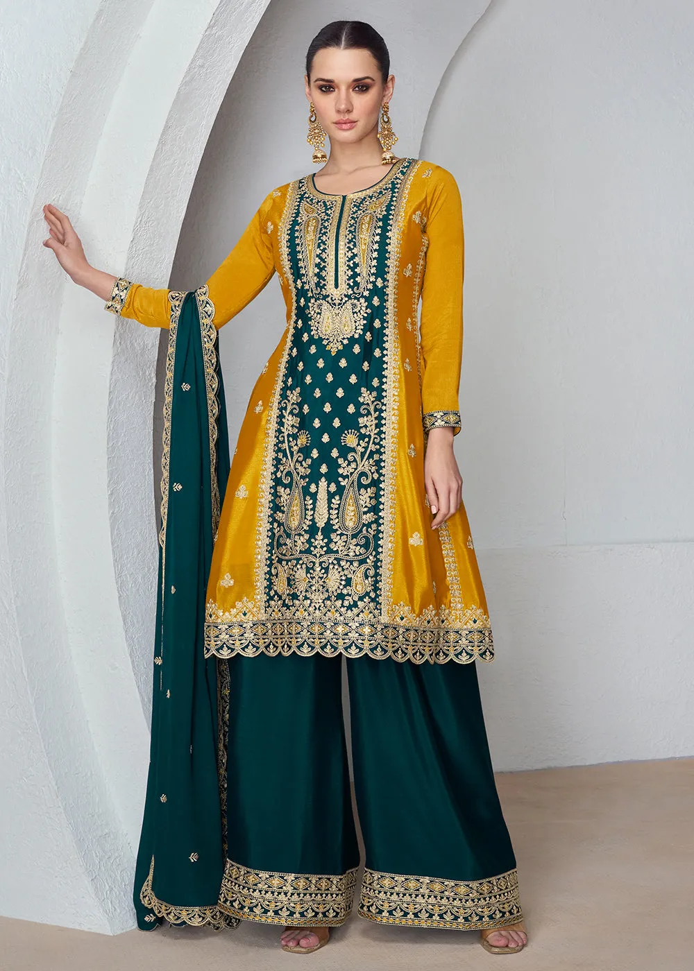 Amazing Mustard & Teal Chinnon Silk Wedding Festive Palazzo Suit