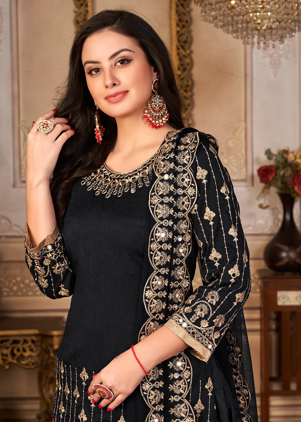 Black Patiala Style Silk Crafted Punjabi Salwar Suit