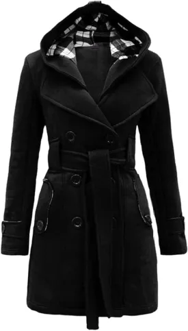 BOFETA Womens Lapel Double Breasted Mid Length Pea Coat Hooded Winter Trench Coat Jackets with Belt
