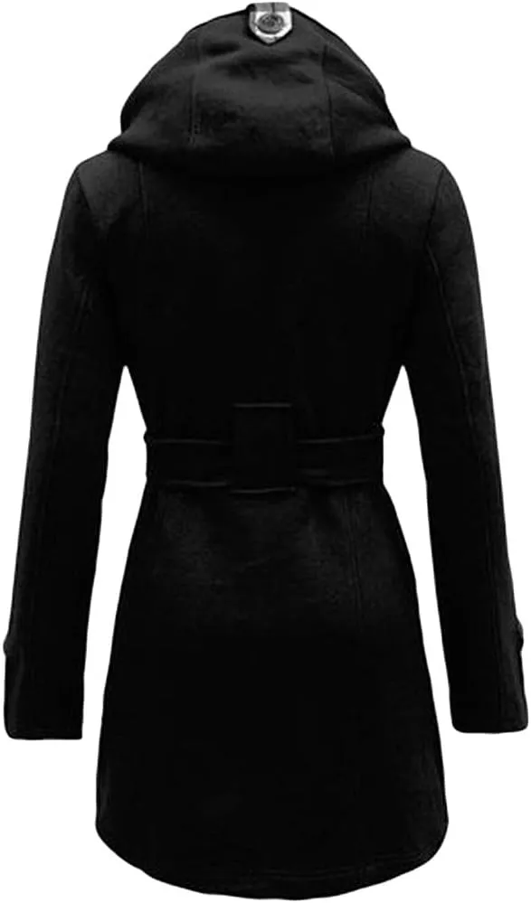BOFETA Womens Lapel Double Breasted Mid Length Pea Coat Hooded Winter Trench Coat Jackets with Belt