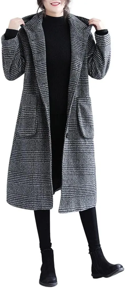 chouyatou Women's Retro Houndstooth Plaid Single Breasted Long Wool Coat with Hood