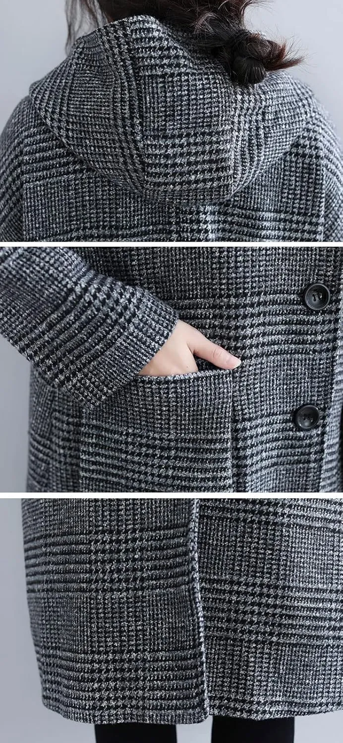 chouyatou Women's Retro Houndstooth Plaid Single Breasted Long Wool Coat with Hood