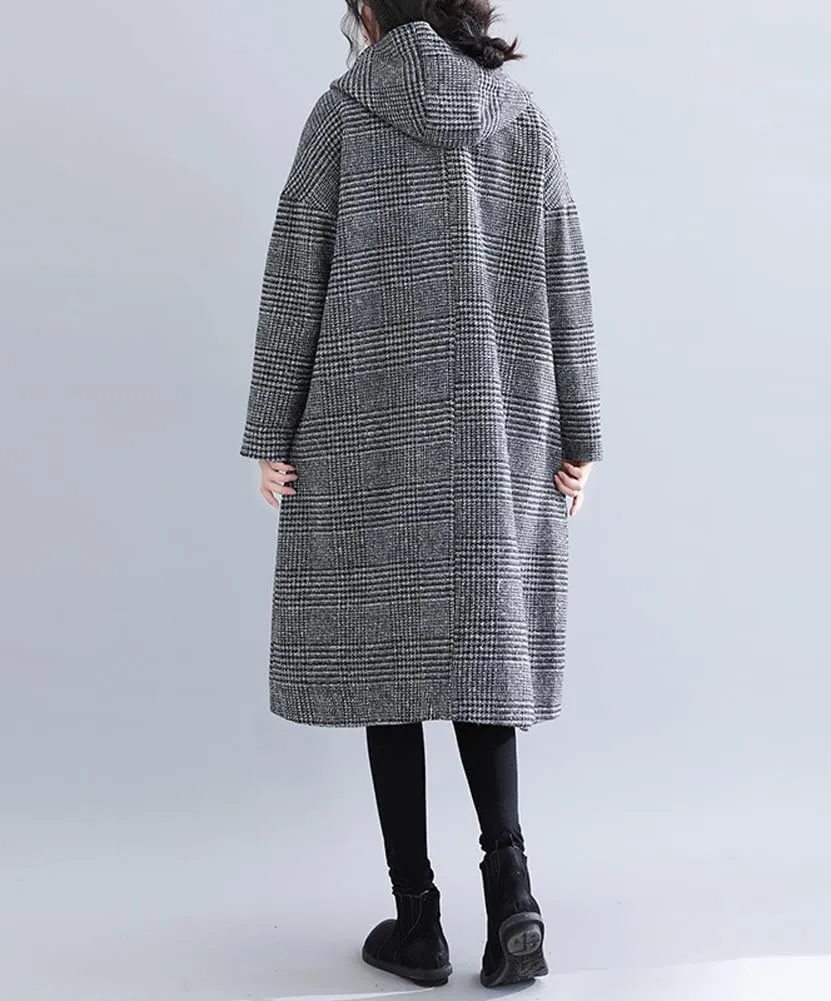 chouyatou Women's Retro Houndstooth Plaid Single Breasted Long Wool Coat with Hood