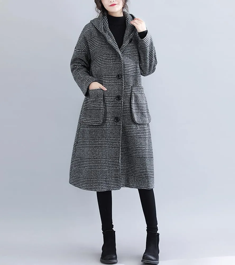 chouyatou Women's Retro Houndstooth Plaid Single Breasted Long Wool Coat with Hood