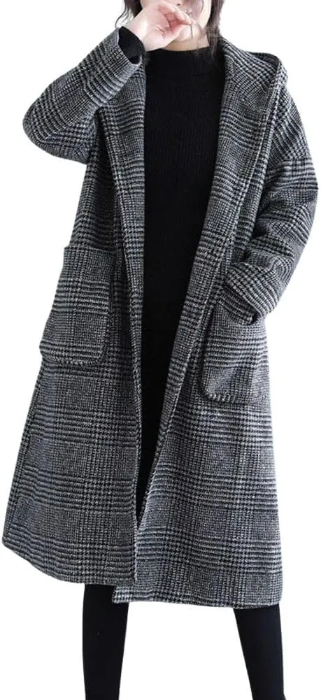 chouyatou Women's Retro Houndstooth Plaid Single Breasted Long Wool Coat with Hood