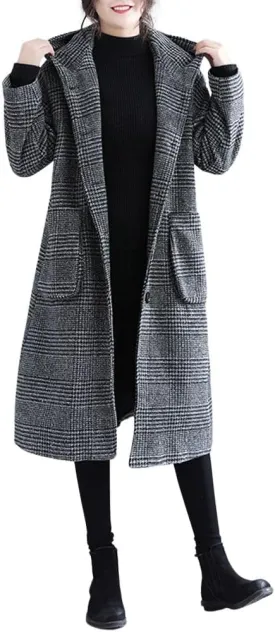 chouyatou Women's Retro Houndstooth Plaid Single Breasted Long Wool Coat with Hood