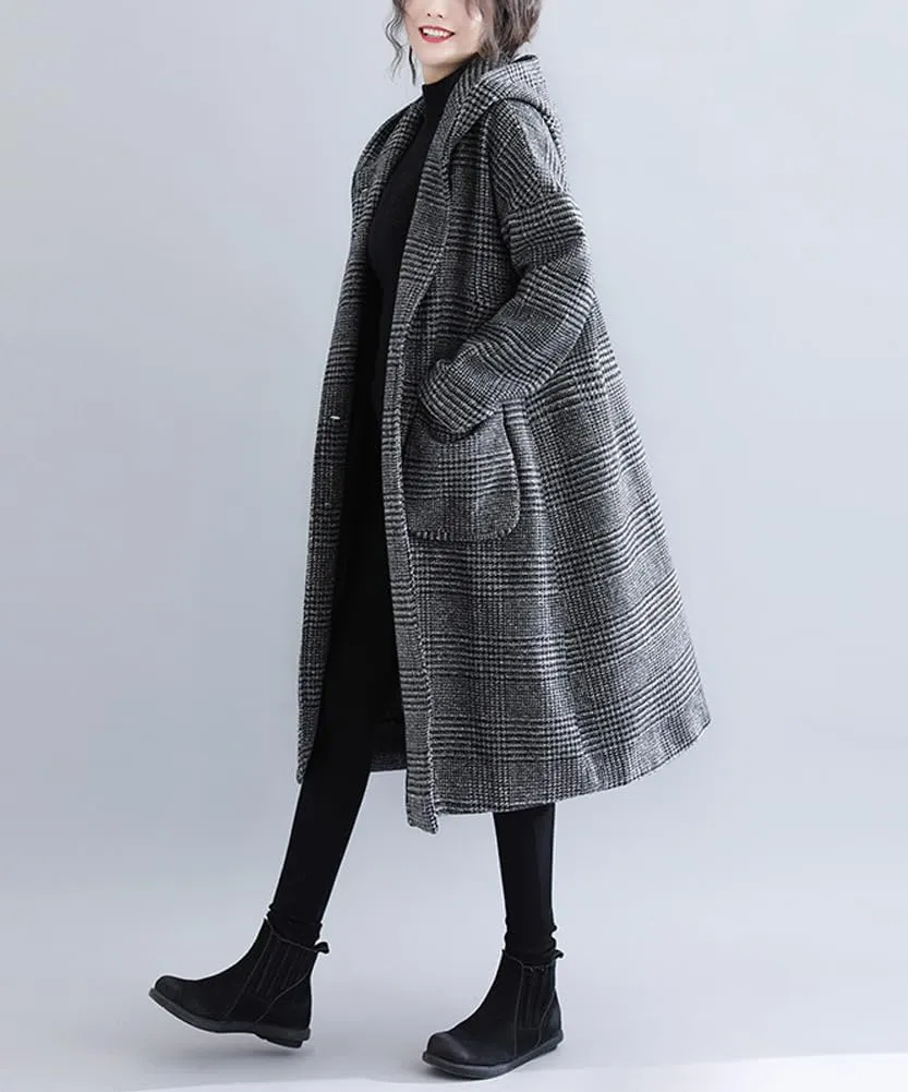 chouyatou Women's Retro Houndstooth Plaid Single Breasted Long Wool Coat with Hood