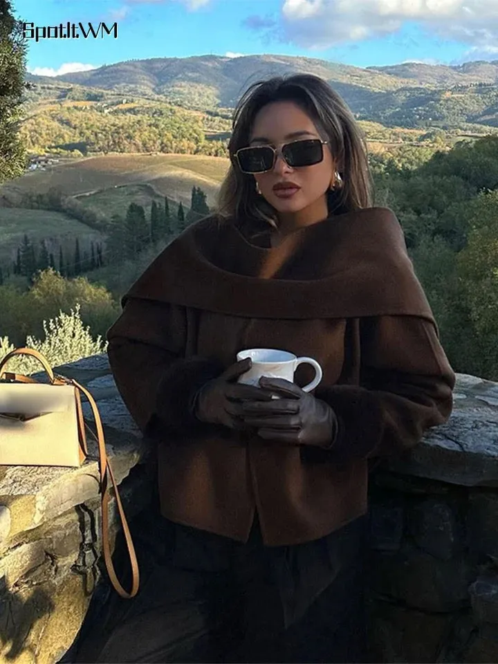 Elegant Clepa Vintage Woolen Brown Short Coat with Cozy Scarf