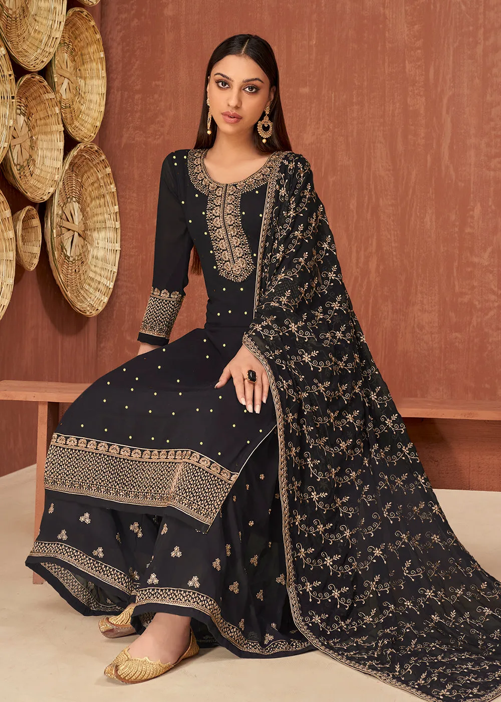Ethnic Black Georgette Traditionally Embroidered Palazzo Suit