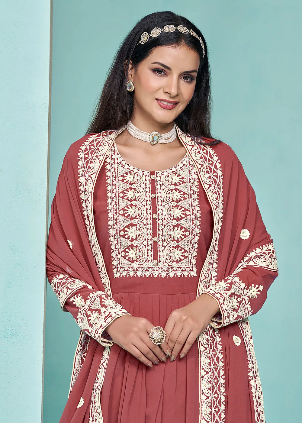 Festive Peachy Red Faux Georgette Palazzo Style Suit