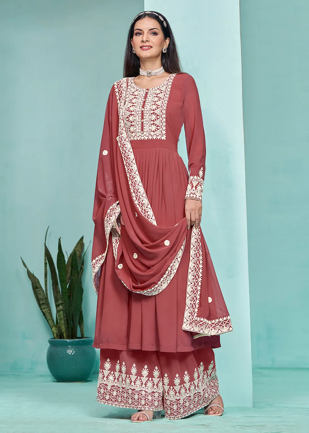 Festive Peachy Red Faux Georgette Palazzo Style Suit