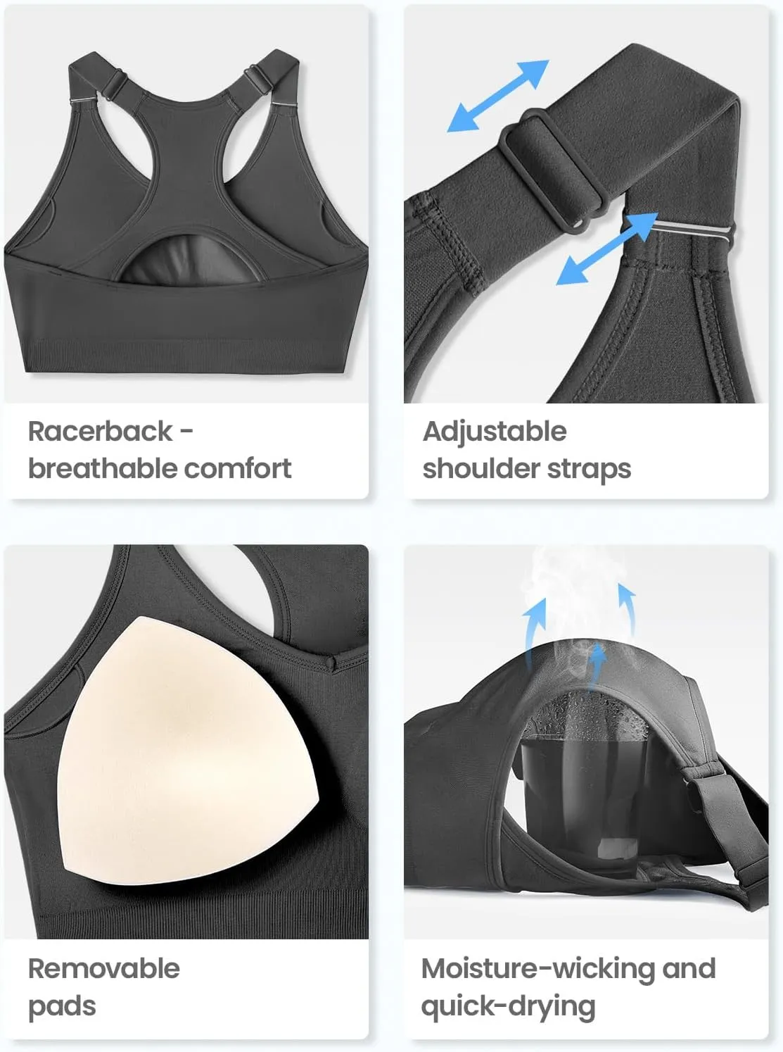 FITTIN Sports Bras Pack for Women: Padded Support Adjustable Strap Racerback Bra for Workout Gym Yoga Large Bust