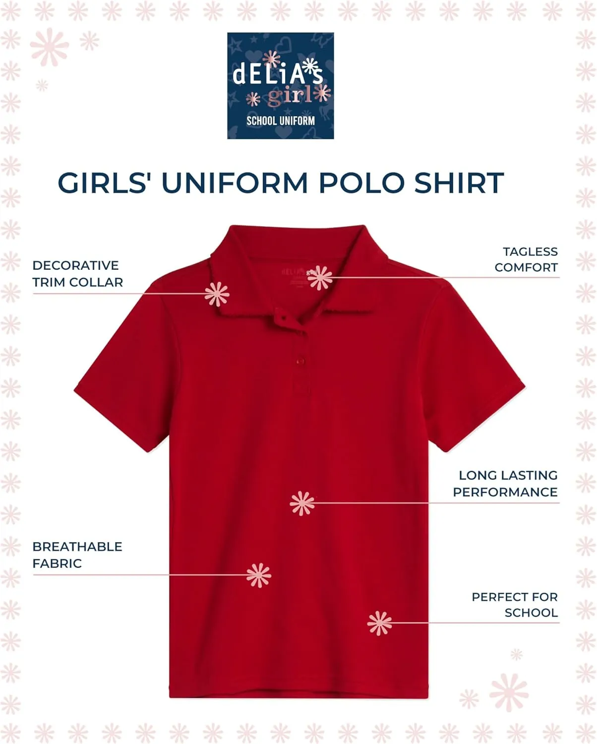 Girls' School Uniform Polo Shirt - 3 Pack Short Sleeve Picot Collar Polo - Interlock Soft Polo for Girls (4-16)