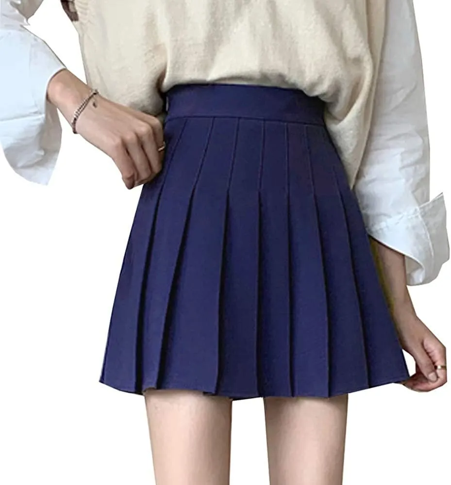 Girls Women High Waisted Pleated Skirt Plain Plaid A-line Mini Skirt Skater Tennis School Uniform Skirts Lining Shorts