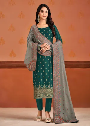 Green & Grey Silk Jacquard Sangeet Wear Pant Style Suit