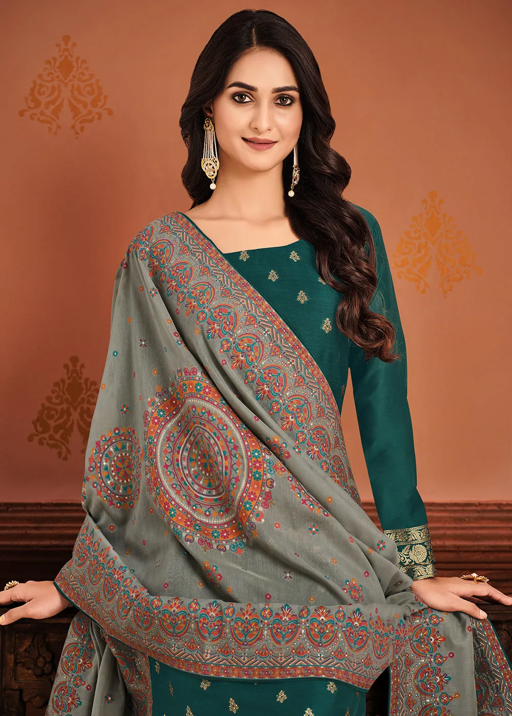 Green & Grey Silk Jacquard Sangeet Wear Pant Style Suit