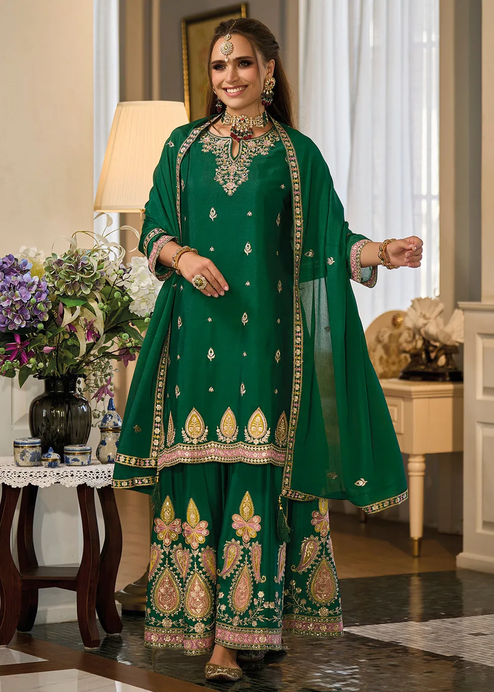 Heavy Chinnon Green Embroidered Festive Palazzo Suit