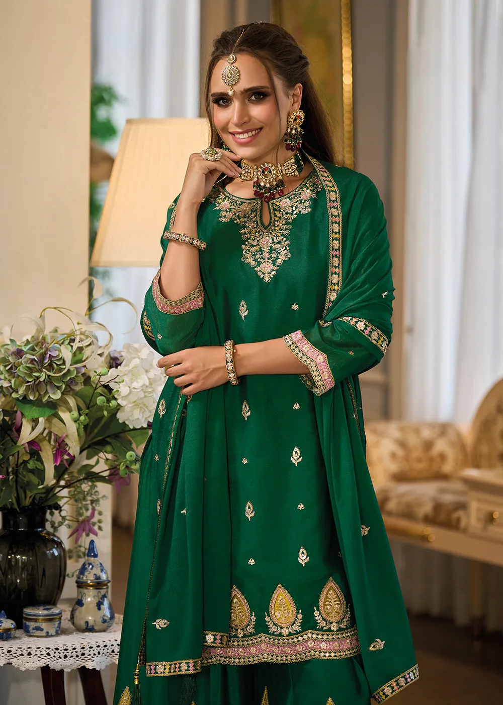 Heavy Chinnon Green Embroidered Festive Palazzo Suit