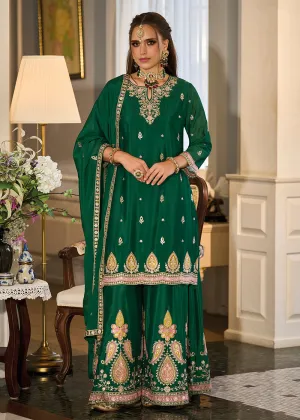 Heavy Chinnon Green Embroidered Festive Palazzo Suit