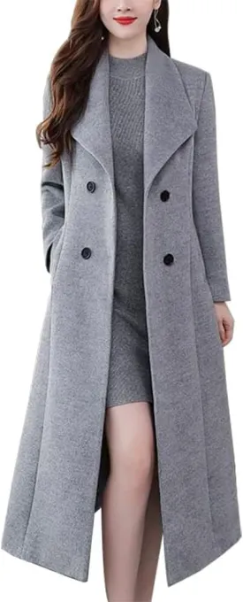 IDEALSANXUN Womens Shawl Collar Long Wool Coats Fall Winter Double Breasted Trench Coat