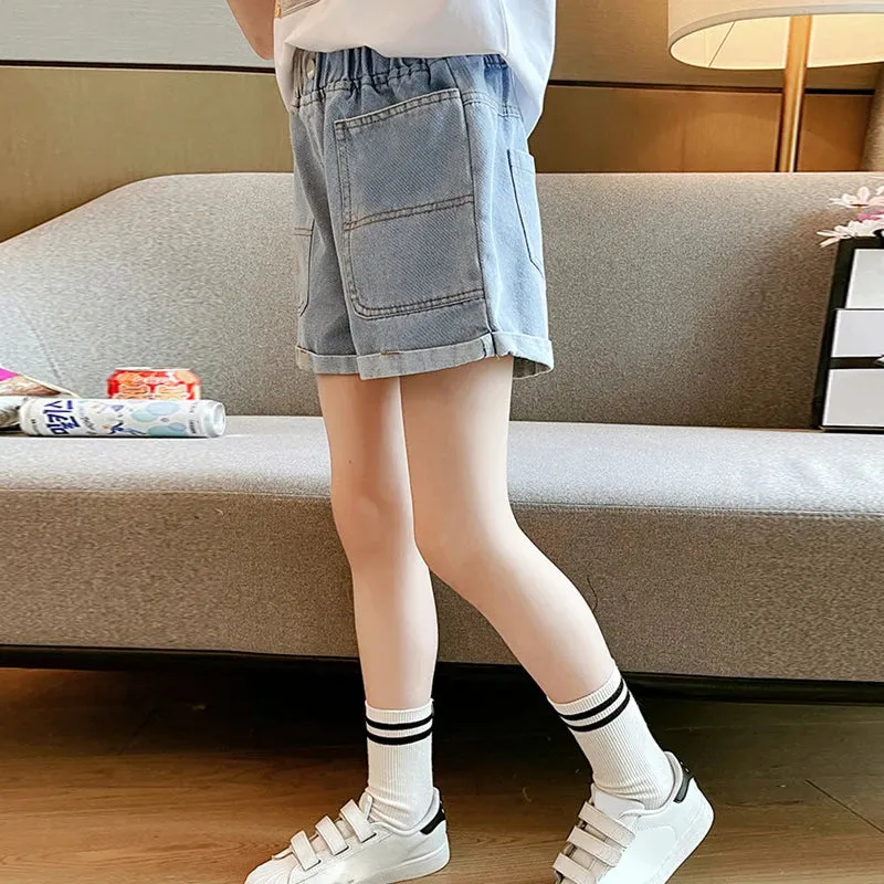 IENENS Summer Shorts Girl's Denim Short Pants Kids Casual Jeans Shorts Light Blue Beach Bottoms Fit 4-13 Years Child Clothes