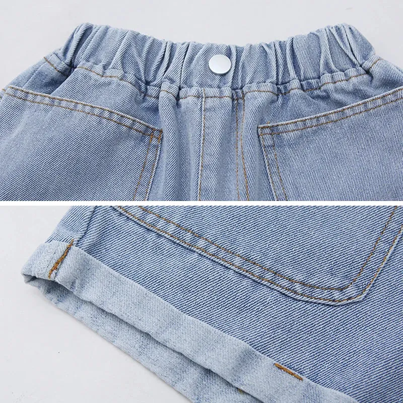 IENENS Summer Shorts Girl's Denim Short Pants Kids Casual Jeans Shorts Light Blue Beach Bottoms Fit 4-13 Years Child Clothes