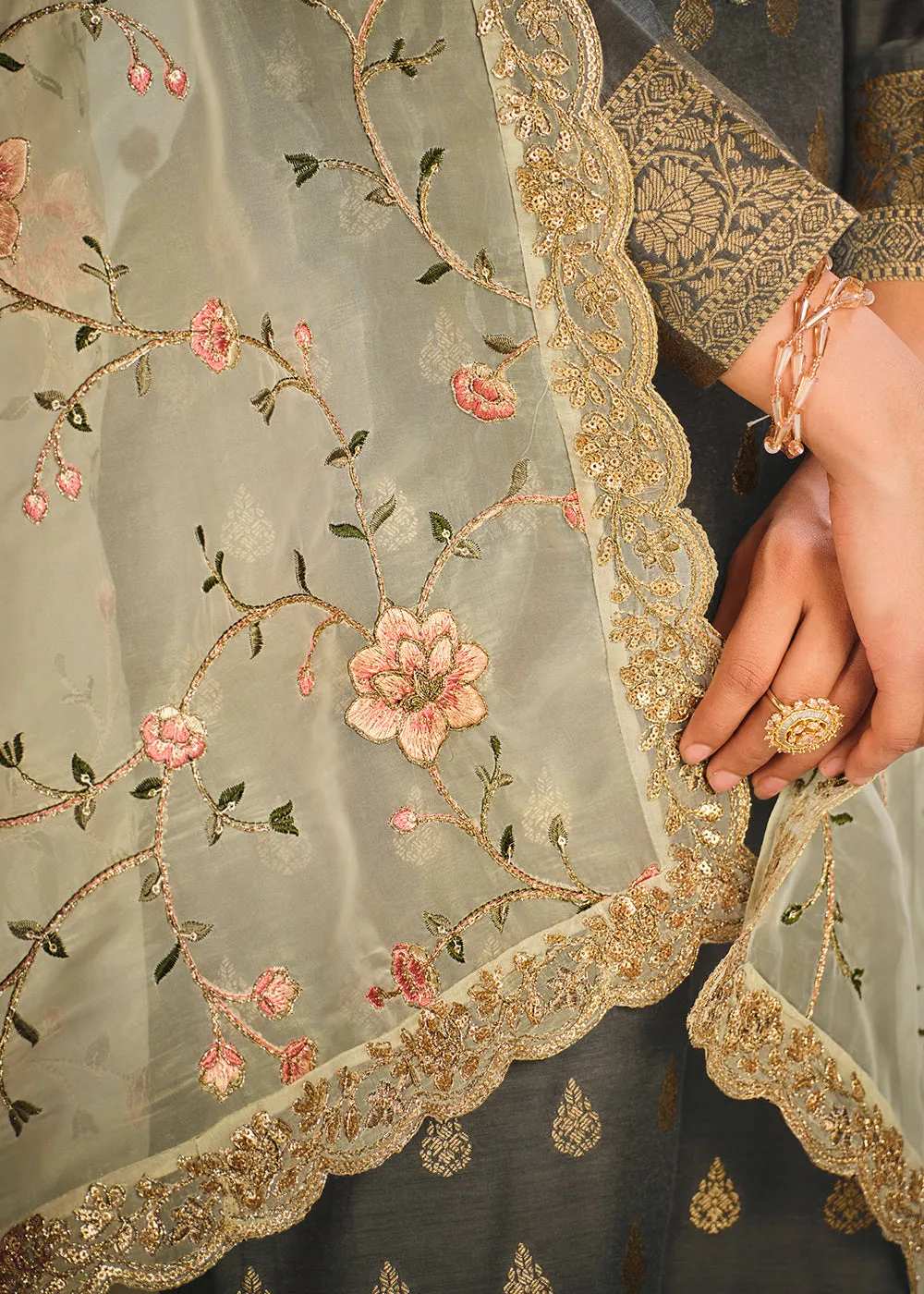 Jacquard Silk Adorning Grey Pakistani Style Pant Suit