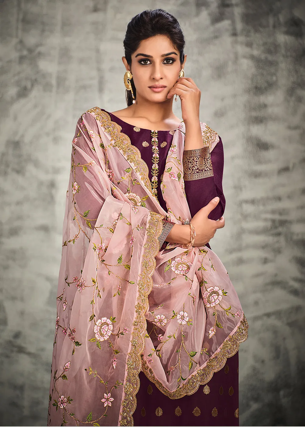 Jacquard Silk Adorning Purple Pakistani Style Pant Suit