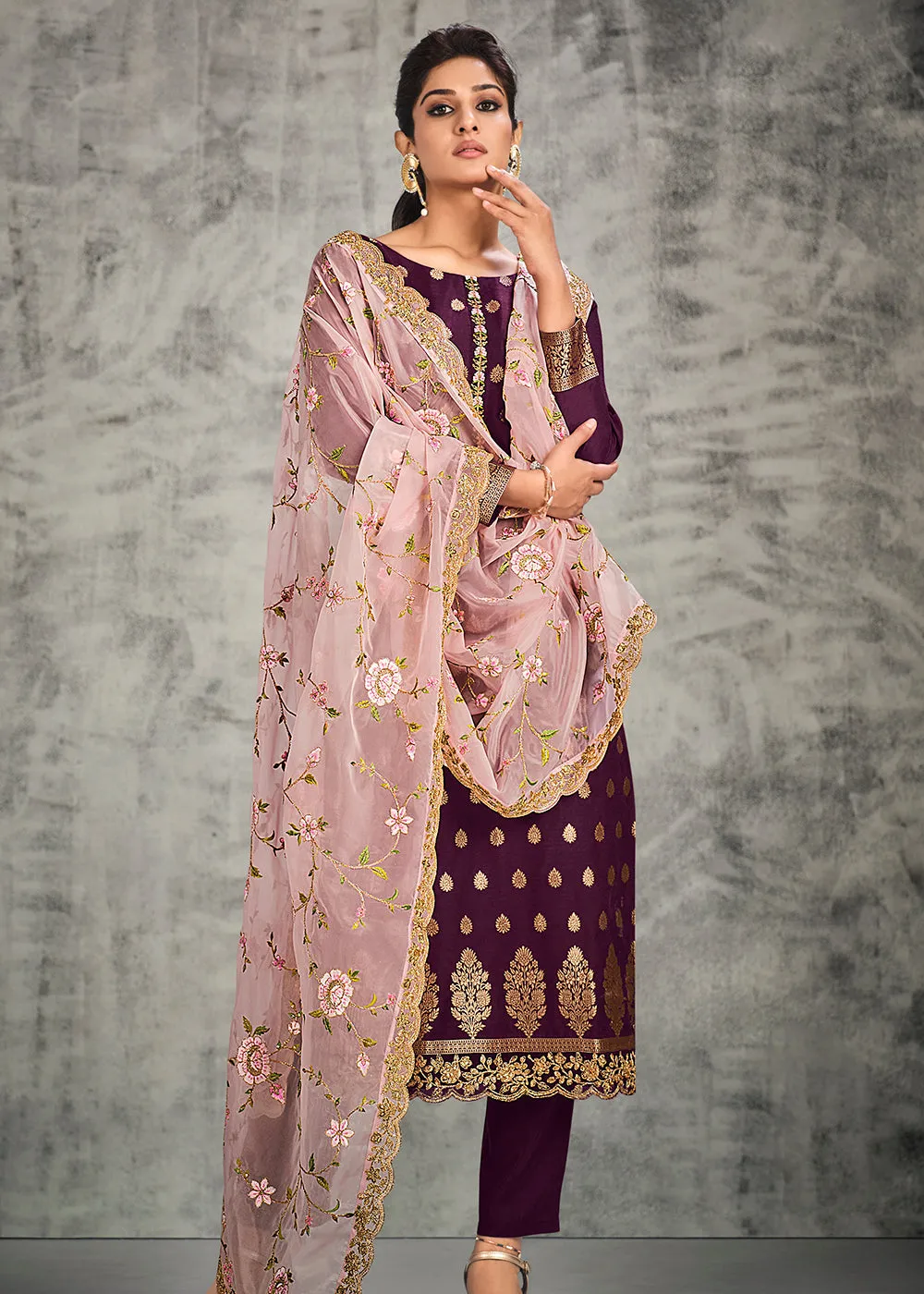 Jacquard Silk Adorning Purple Pakistani Style Pant Suit