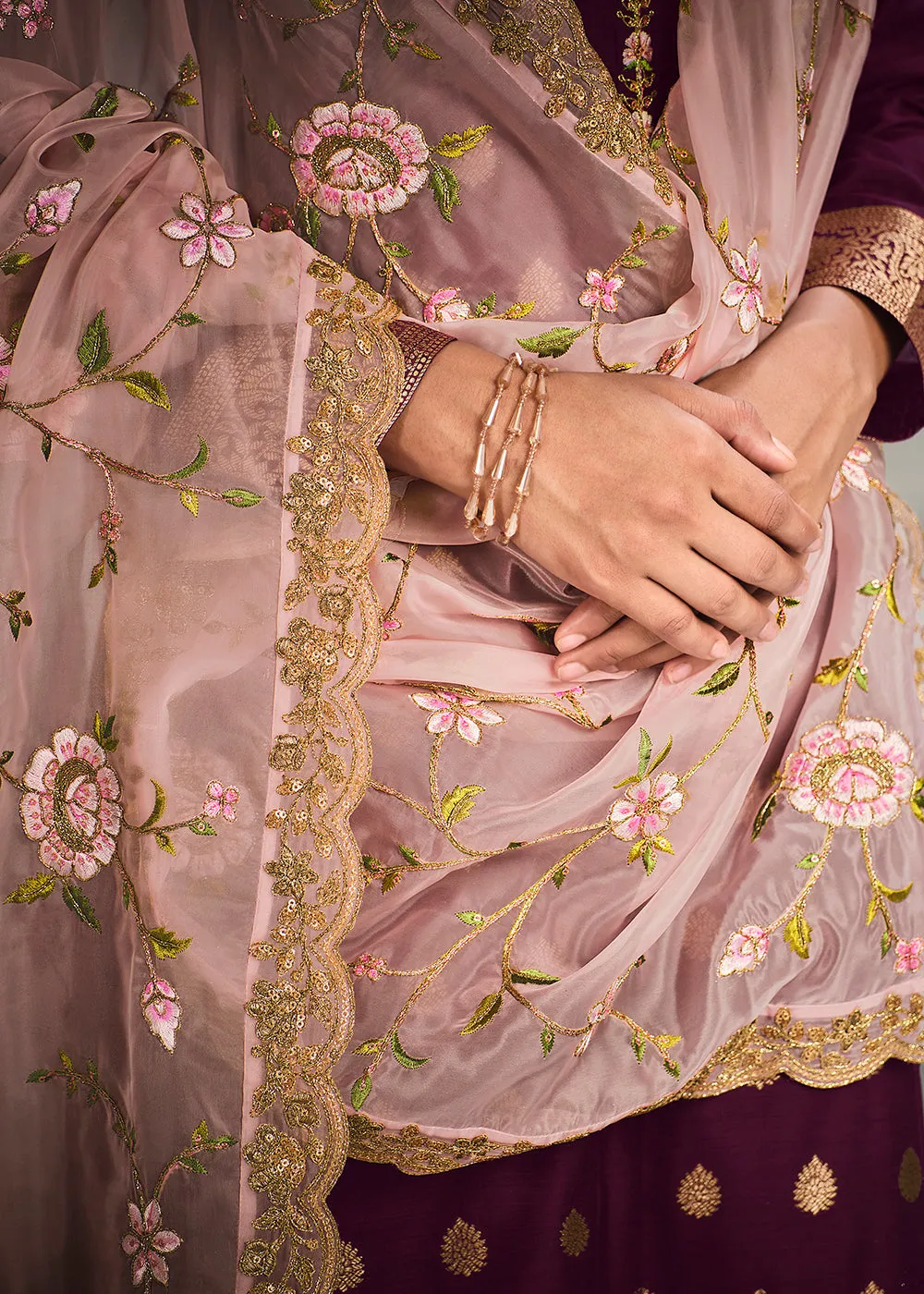 Jacquard Silk Adorning Purple Pakistani Style Pant Suit
