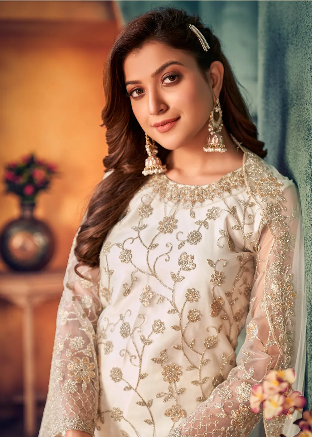 Magnolia White Layered Festive Pant Style Salwar Suit