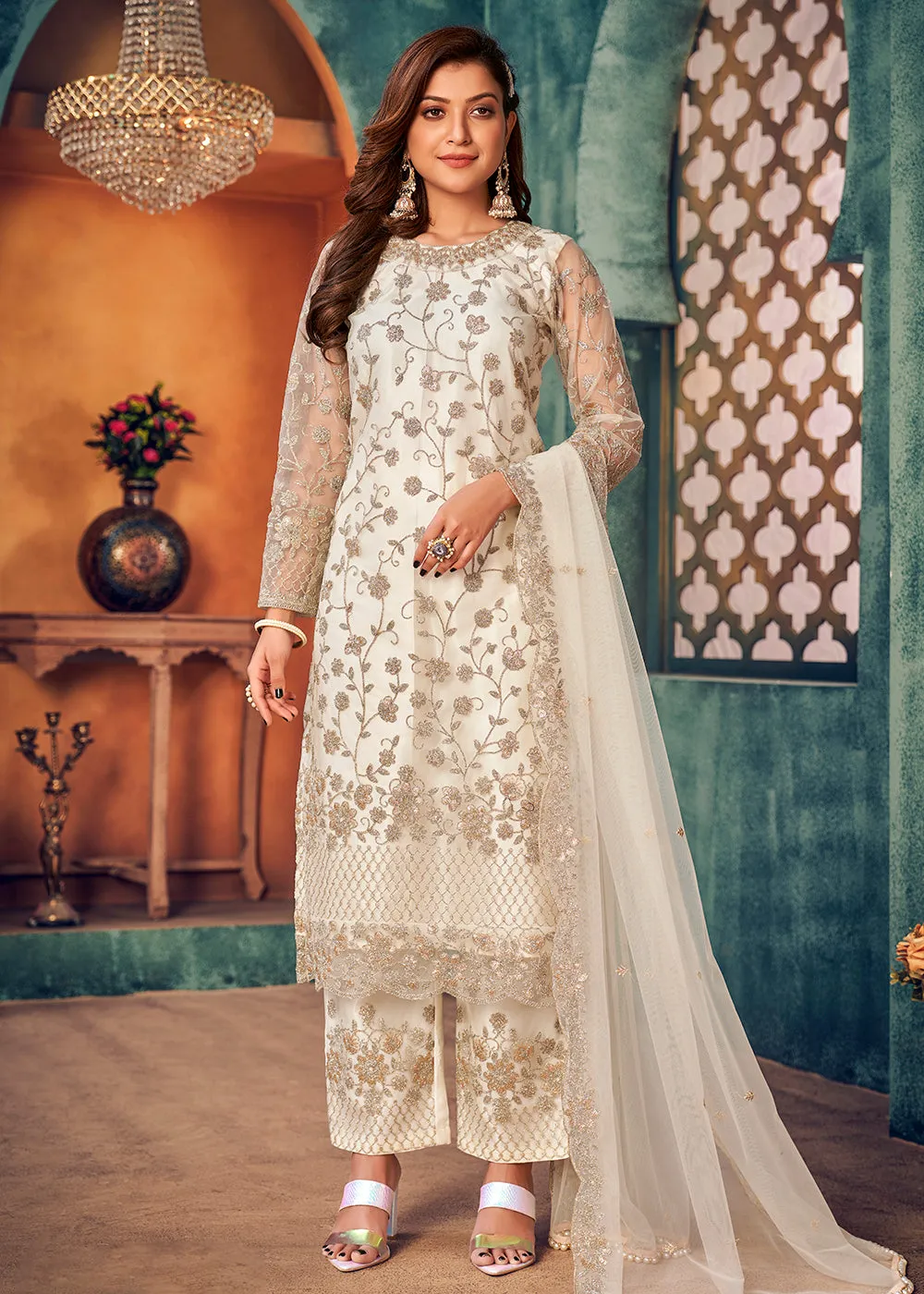 Magnolia White Layered Festive Pant Style Salwar Suit