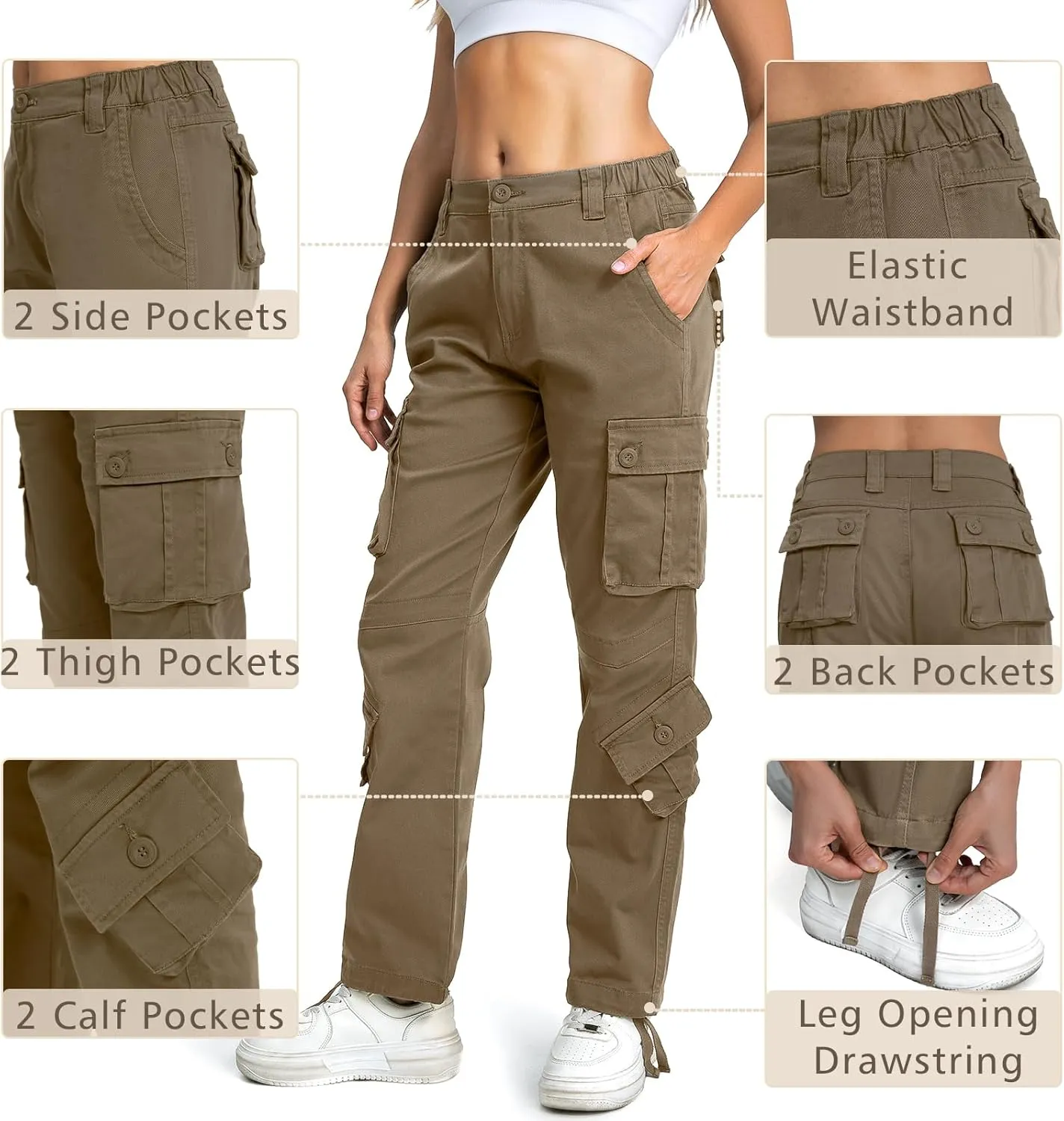 Matchstick Womens Cargo Pants with 8 Pockets Baggy Utility Work Pants for Hiking Travel Outdoor All Season Daily Wear