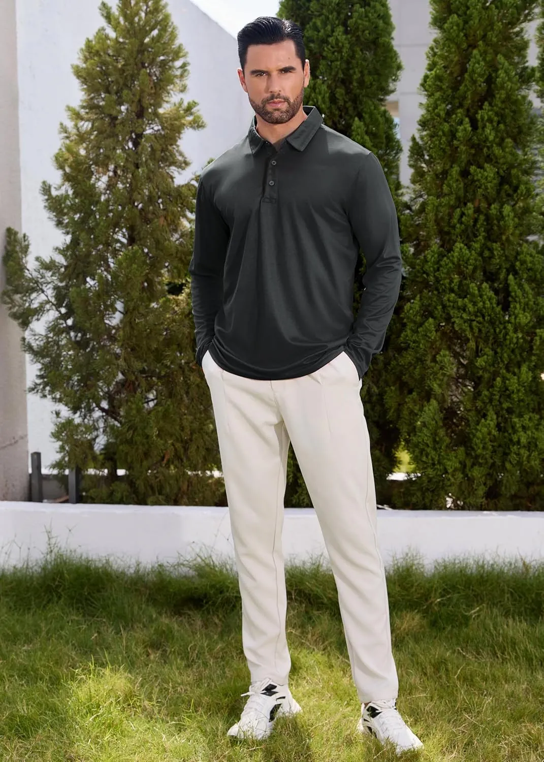 Men Polo Shirts Long Sleeve Moisture Wicking Dry Fit Performance Tactical Shirt Collared Casual Golf Tennis Shirt