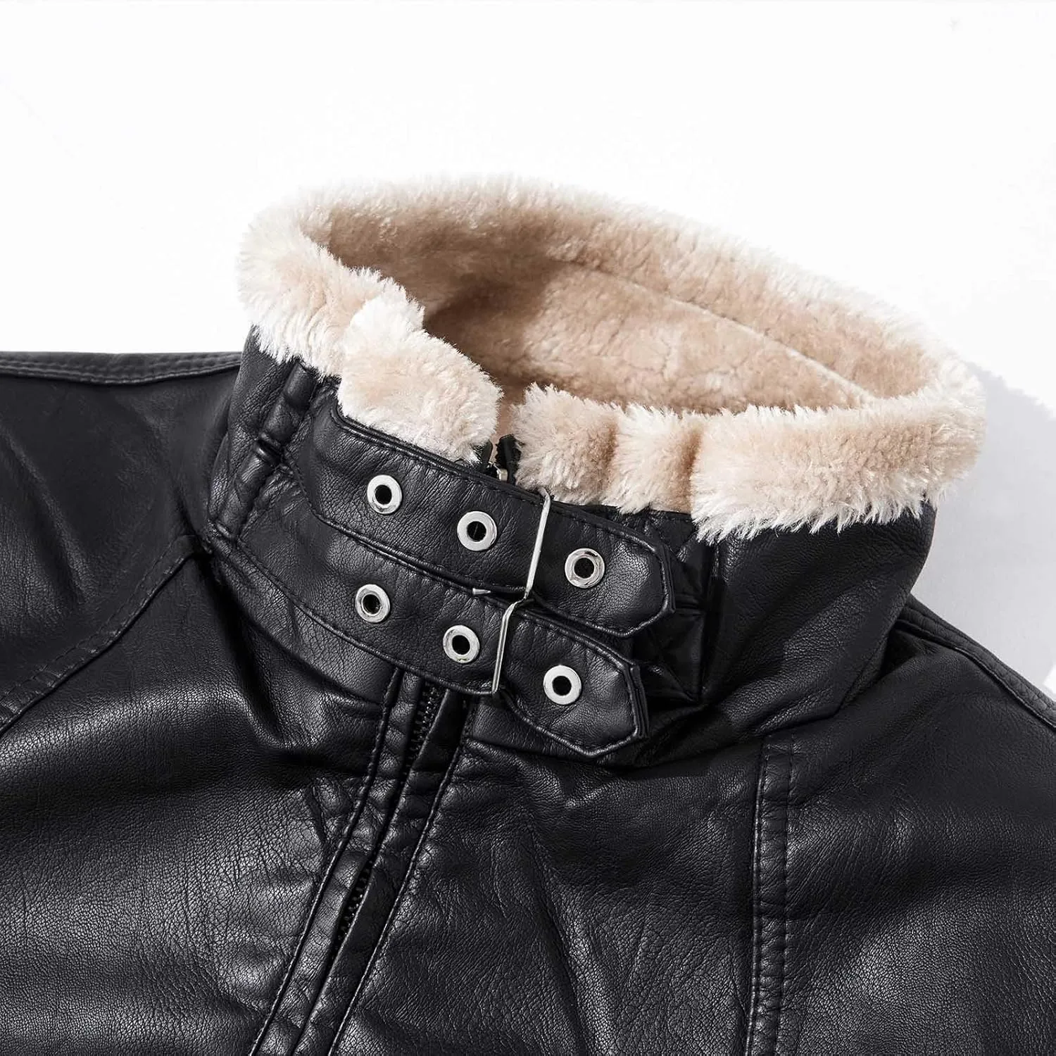 Mens Leather Jacket Fleece Lined Motorcycle Jacket Button Down Faux Leather Jacket Notch Lapel Coat Warm Winter Jacket