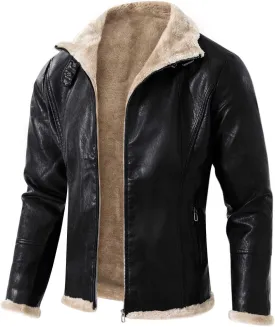 Mens Leather Jacket Fleece Lined Motorcycle Jacket Button Down Faux Leather Jacket Notch Lapel Coat Warm Winter Jacket