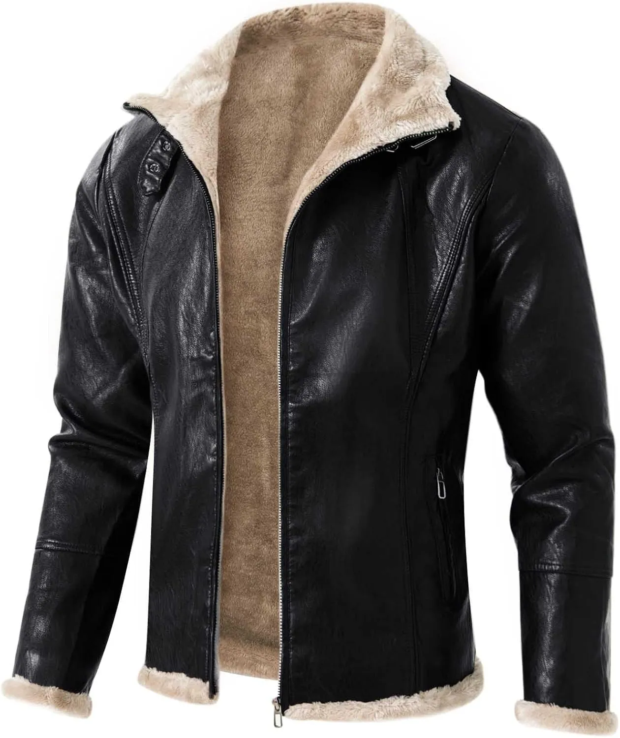 Mens Leather Jacket Fleece Lined Motorcycle Jacket Button Down Faux Leather Jacket Notch Lapel Coat Warm Winter Jacket