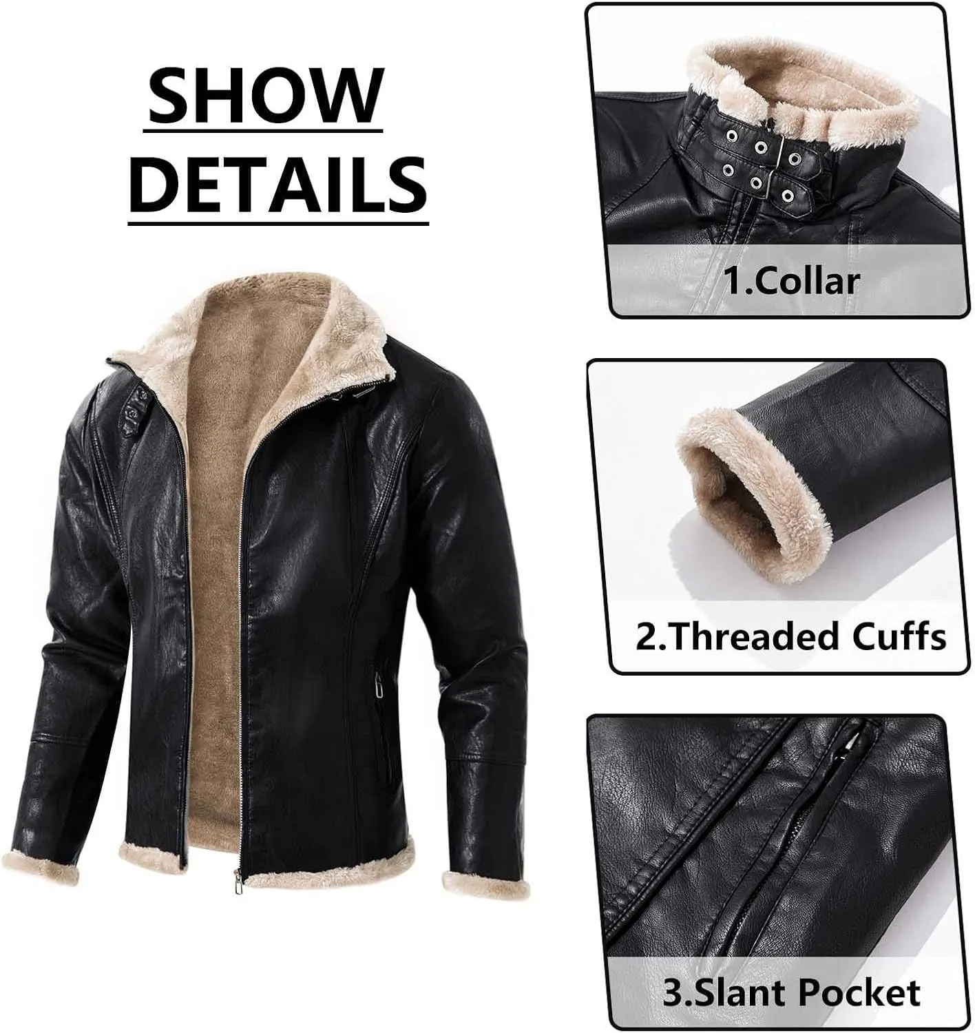 Mens Leather Jacket Fleece Lined Motorcycle Jacket Button Down Faux Leather Jacket Notch Lapel Coat Warm Winter Jacket
