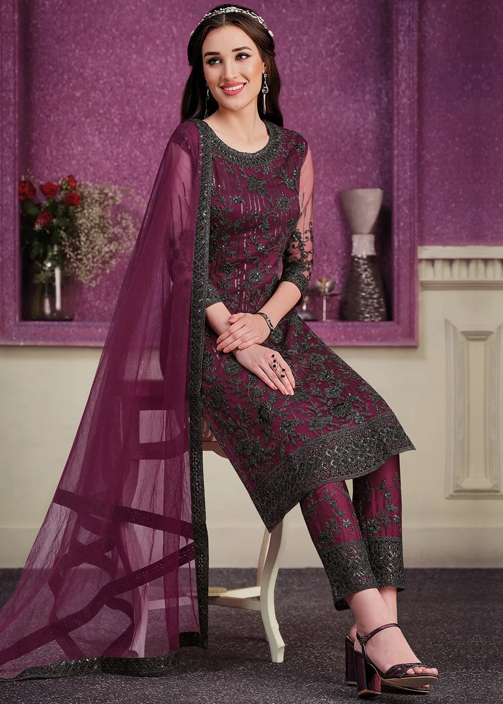 Pant Style Wine Sequins Embroidered Designer Suit