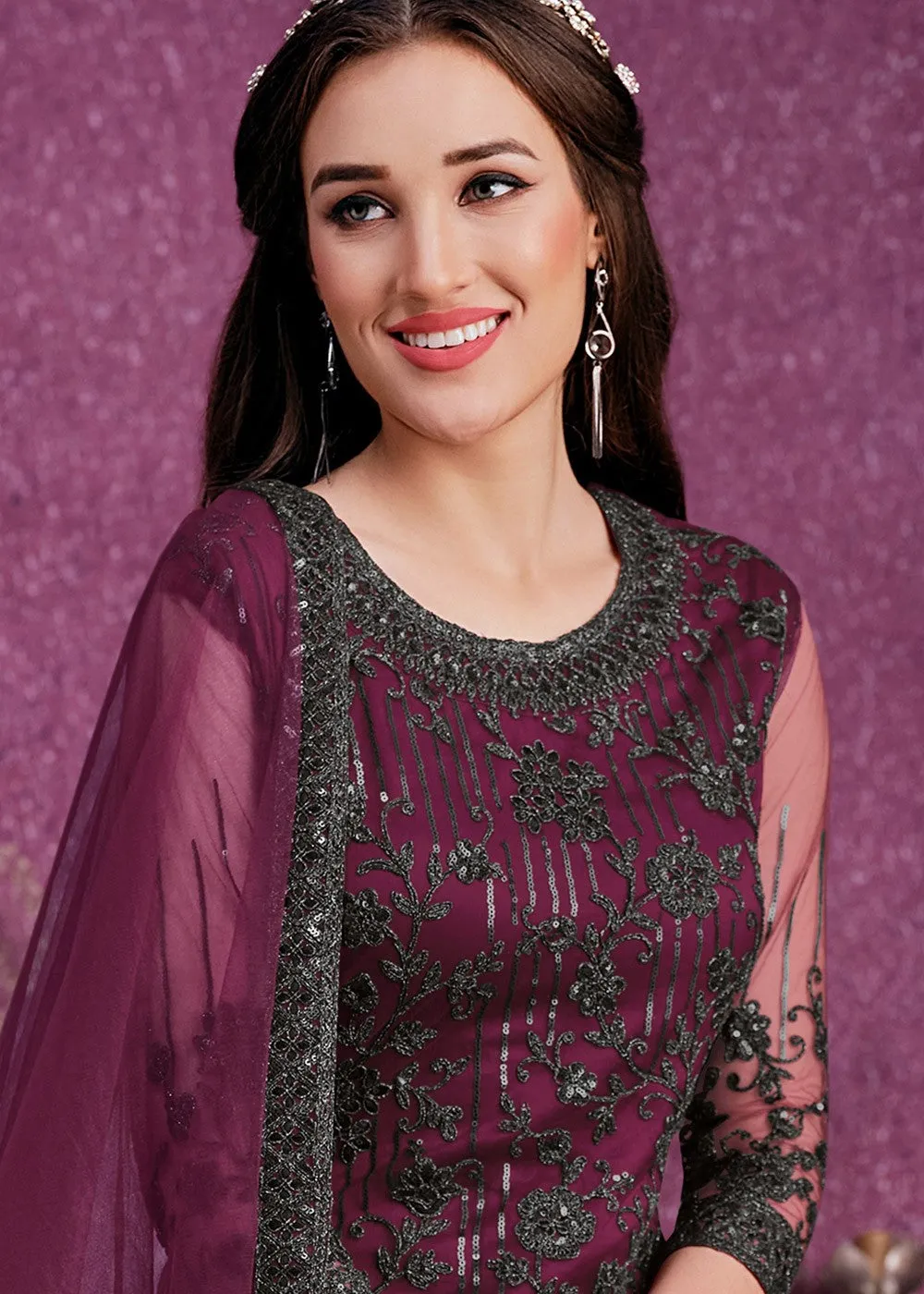 Pant Style Wine Sequins Embroidered Designer Suit