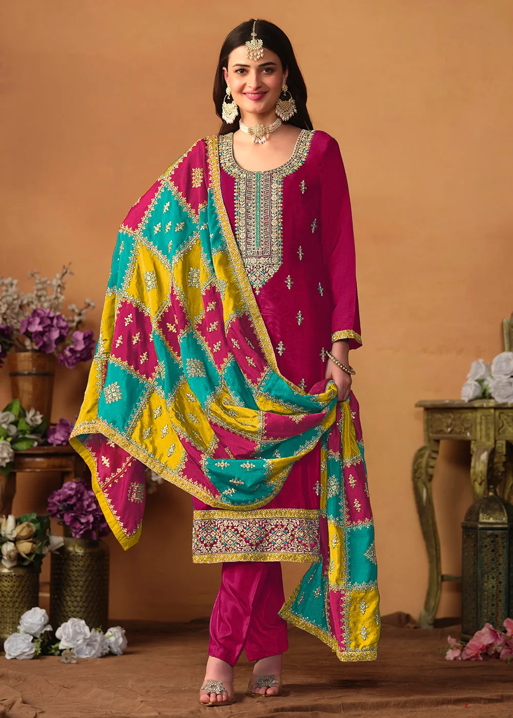 Pink Chinnon Silk Salwar Suit with Multicolor Dupatta