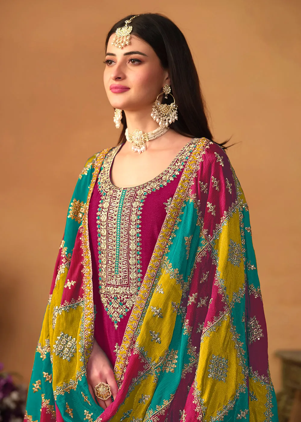Pink Chinnon Silk Salwar Suit with Multicolor Dupatta