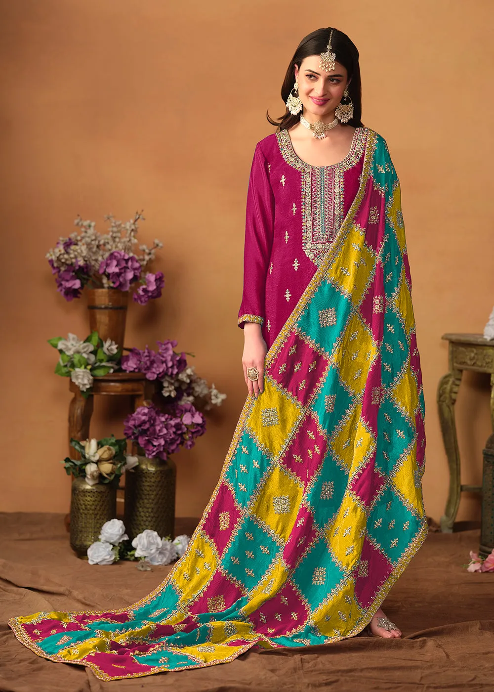Pink Chinnon Silk Salwar Suit with Multicolor Dupatta