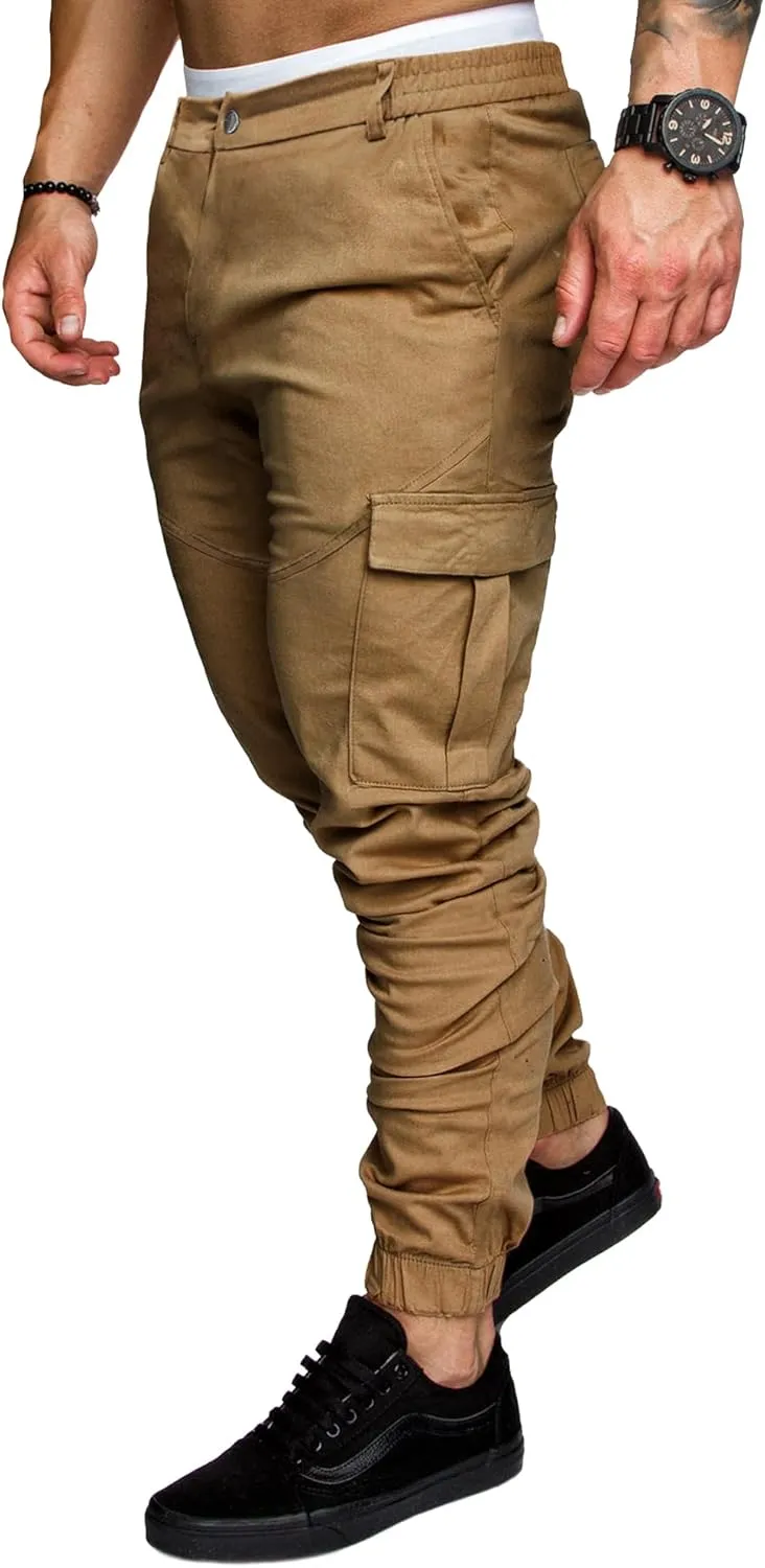 PLEPAN Men's Casual Cargo Pants Joggers Hiking Sweatpants Stretch Elastic Waist Work Pants with 6 Pockets